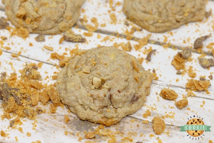Butterfinger Peanut Butter Cookies are amazingly soft and chewy and full of crunchy peanut butter and chunks of Butterfinger candy bars!