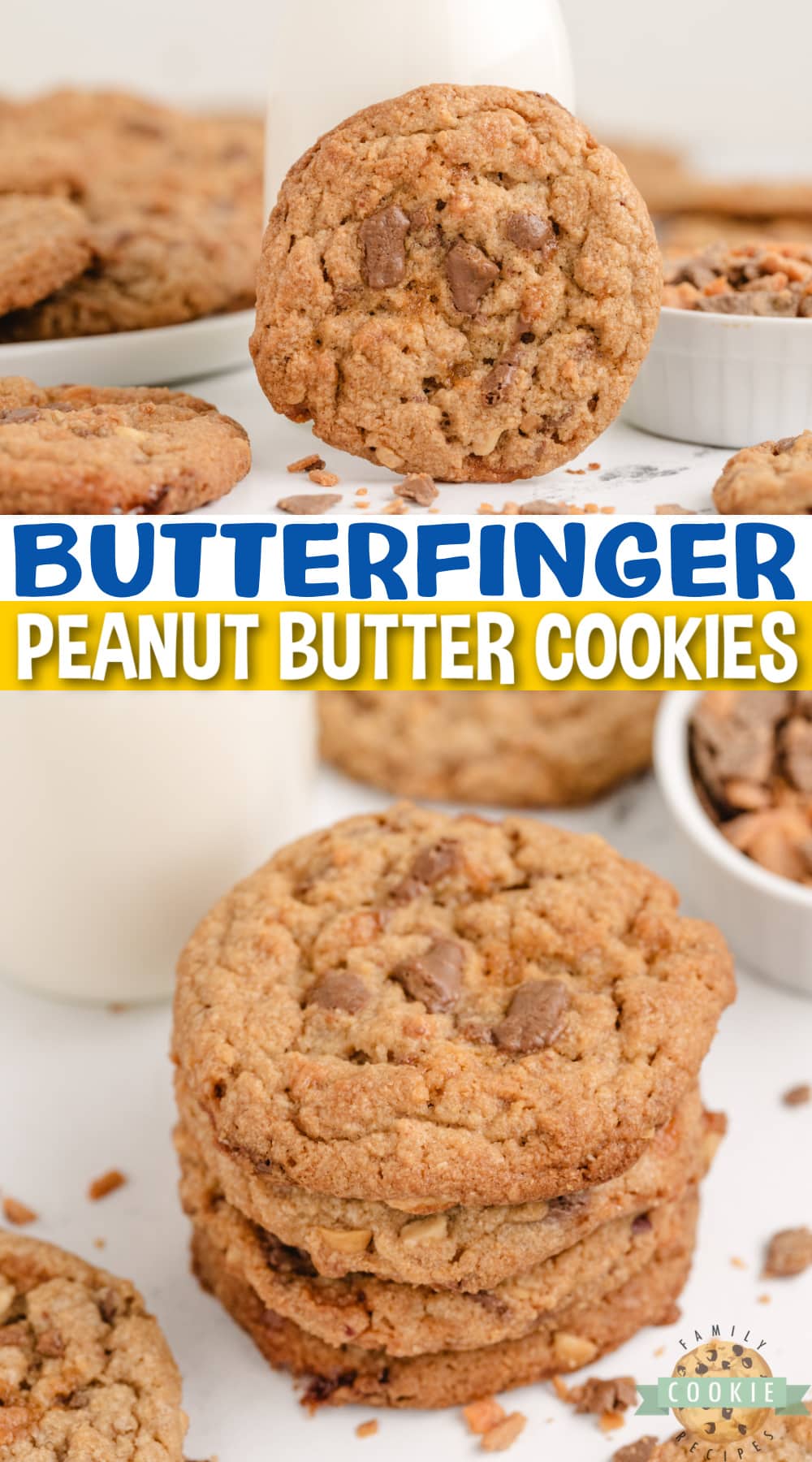Butterfinger Peanut Butter Cookies are amazingly soft, chewy, and full of crunchy peanut butter and chunks of Butterfinger candy bars!