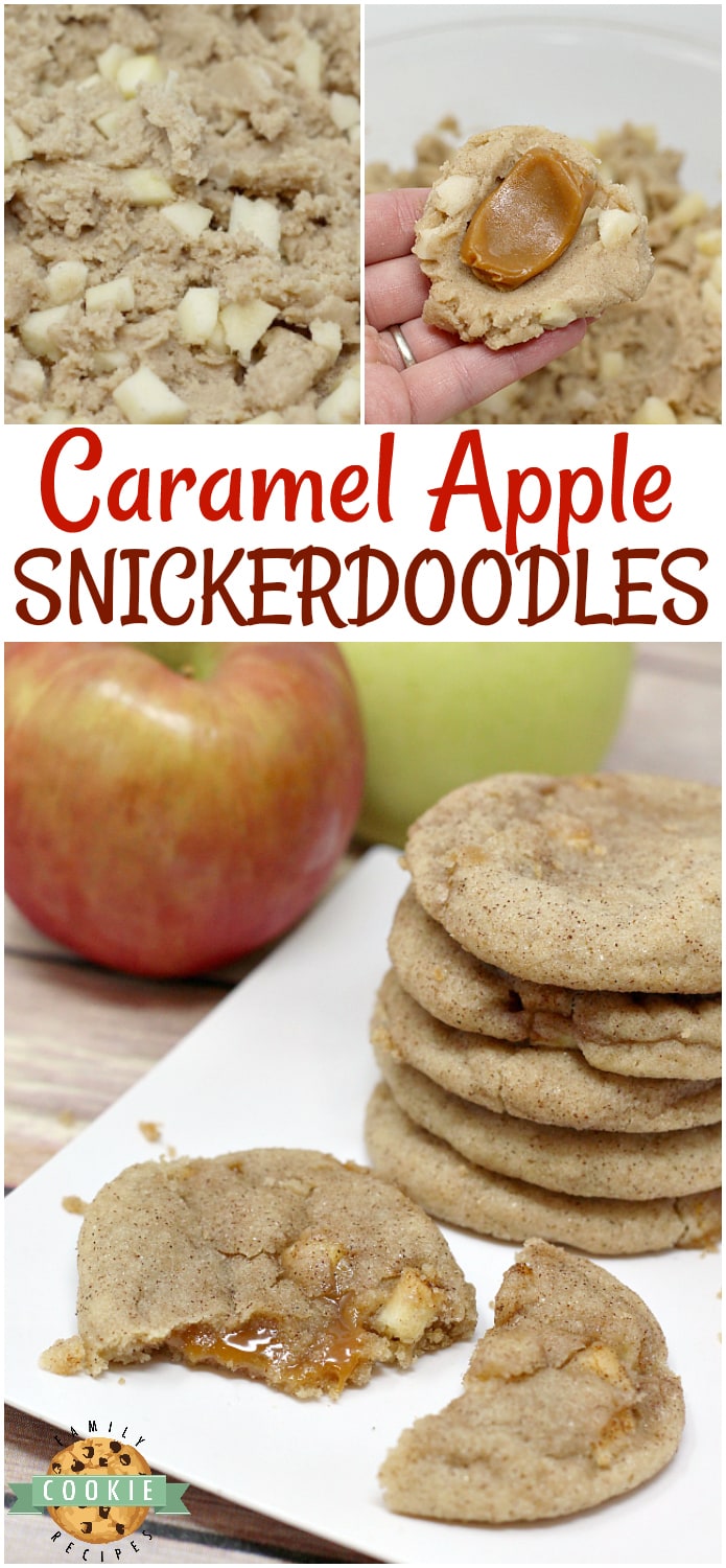 Caramel Apple Snickerdoodles combine the taste of your favorite cinnamon/sugar cookie with the deliciousness of chewy caramel and fresh apples too!