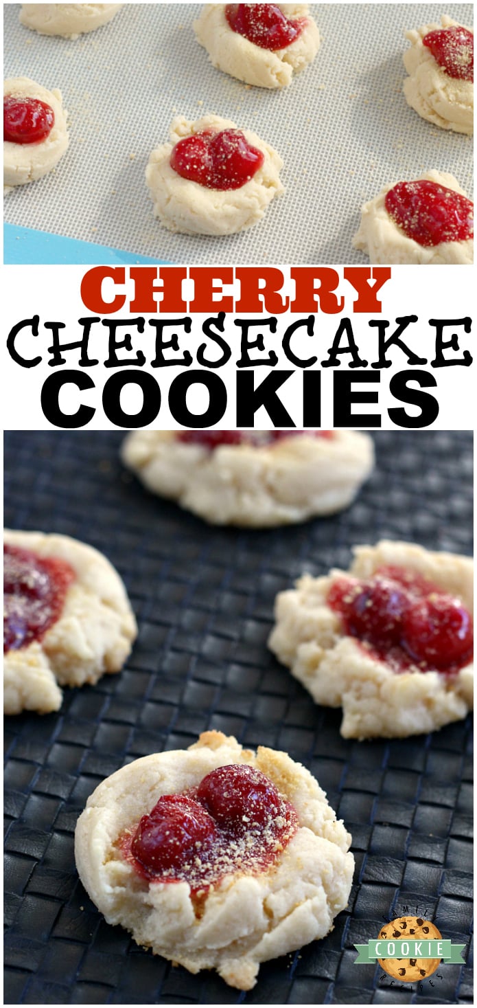 Cherry Cheesecake Cookies have cream cheese and cheesecake pudding in them, are topped with a little bit of cherry pie filling and then sprinkled with graham cracker crumbs!