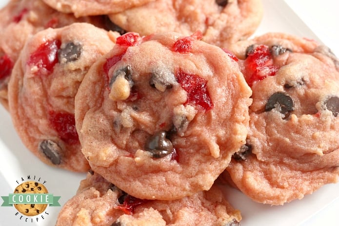 Cherry Chocolate Chip Cookies are soft, chewy and packed with cherry flavor, bits of maraschino cherries and chocolate chips! A fun and flavorful twist on traditional chocolate chip cookies!