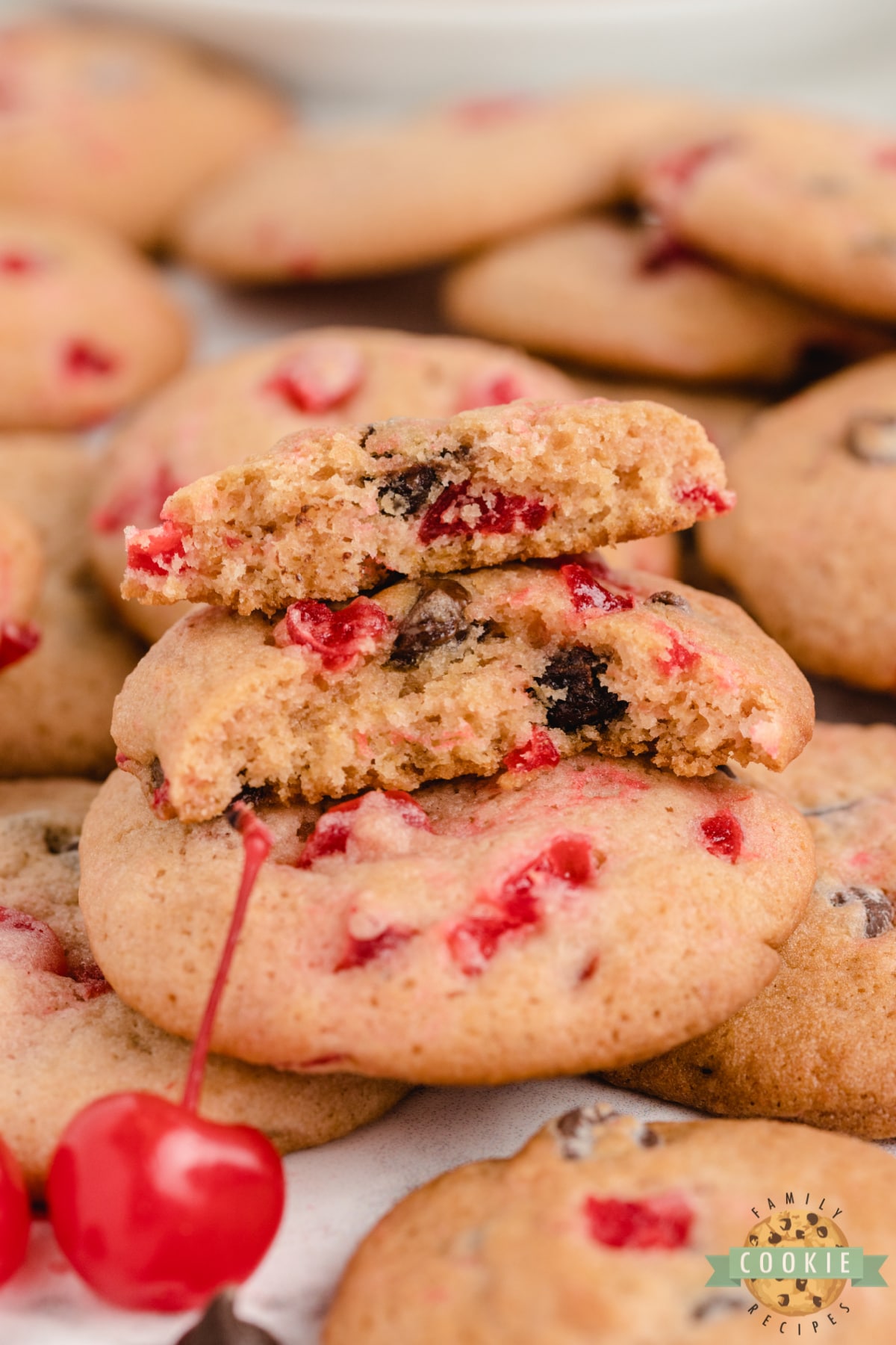 Chocolate Chip Cookies with cherry flavor and maraschino cherries