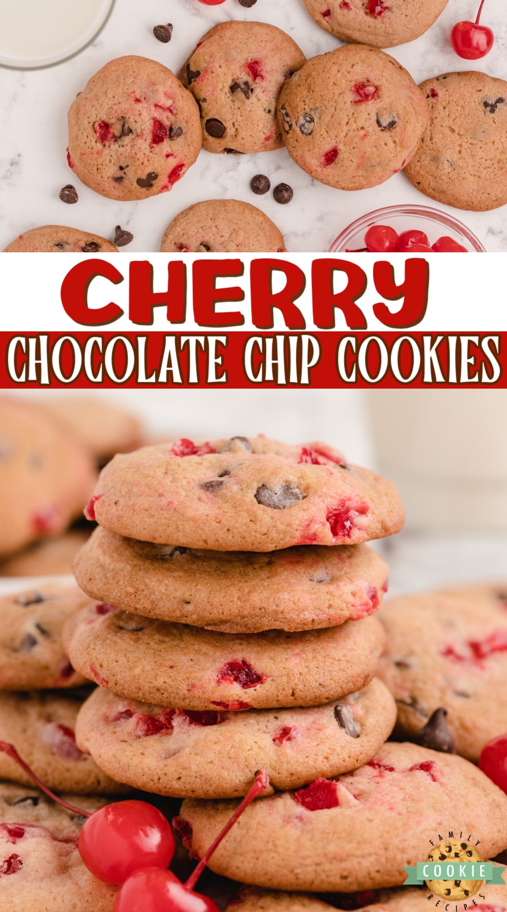 Cherry Chocolate Chip Cookies are soft, chewy and packed with cherry flavor, bits of maraschino cherries and chocolate chips! A fun and flavorful twist on traditional chocolate chip cookies.