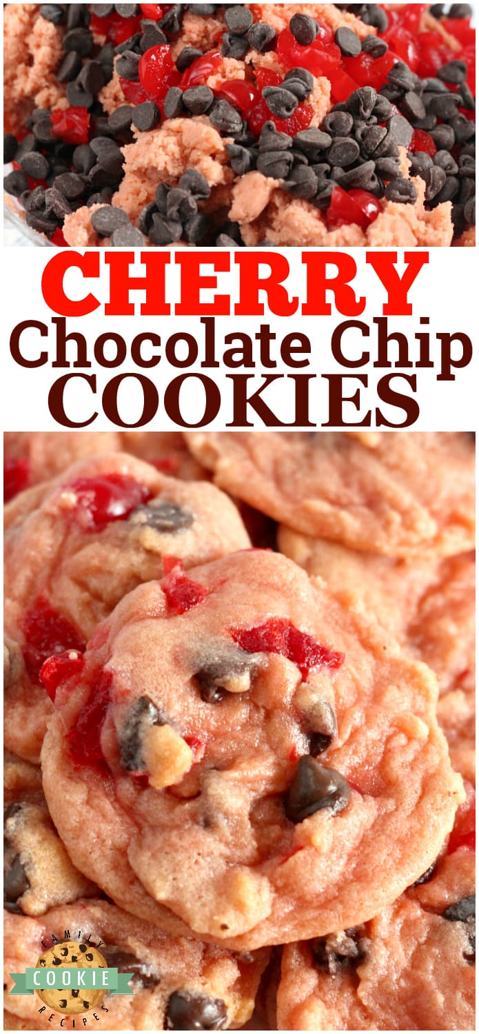 Cherry Chocolate Chip Cookies are soft, chewy and packed with cherry flavor, bits of maraschino cherries and chocolate chips! A fun and flavorful twist on traditional chocolate chip cookies!