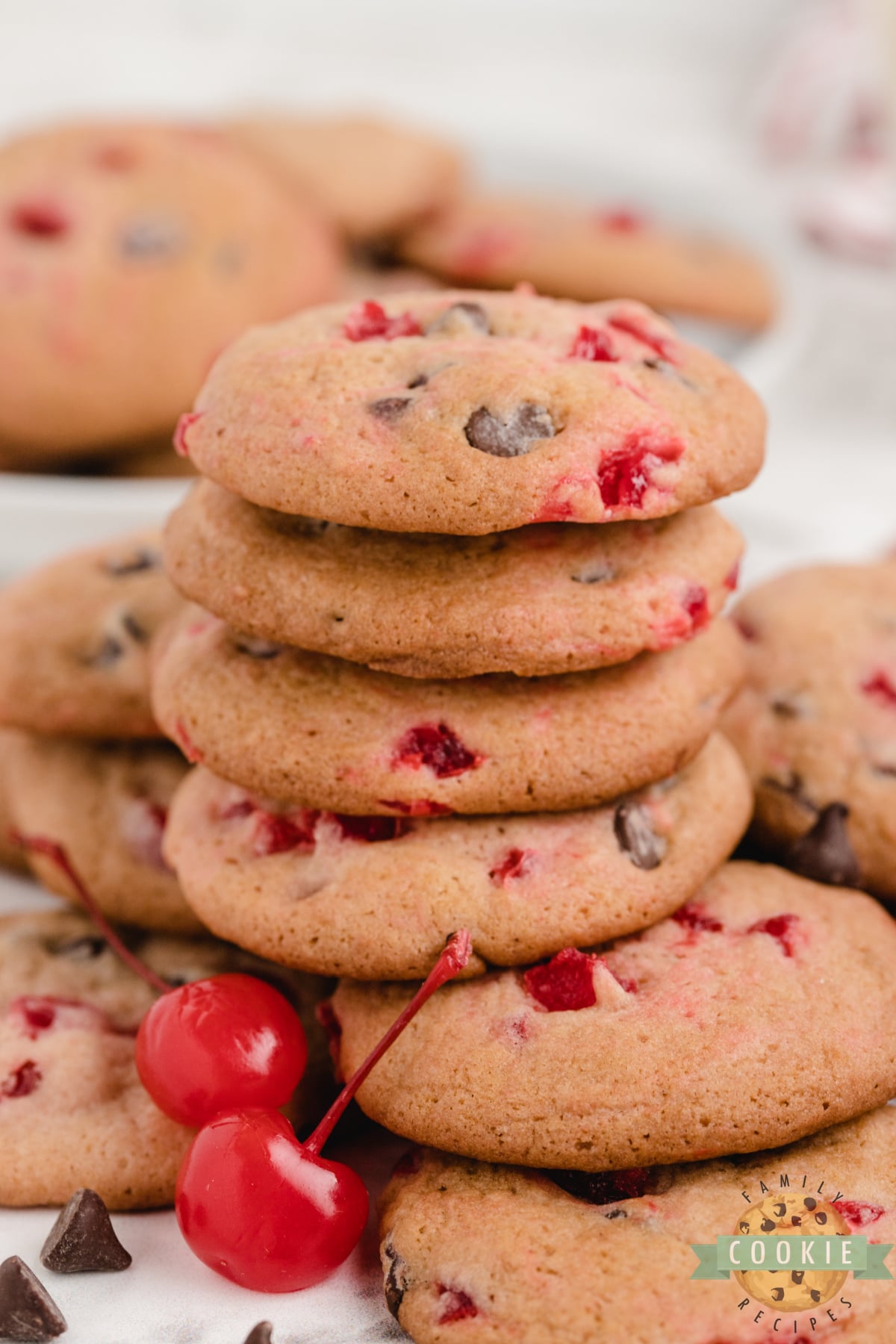 Cherry Chocolate Chip Cookies are soft, chewy and packed with cherry flavor, bits of maraschino cherries and chocolate chips! A fun and flavorful twist on traditional chocolate chip cookies.