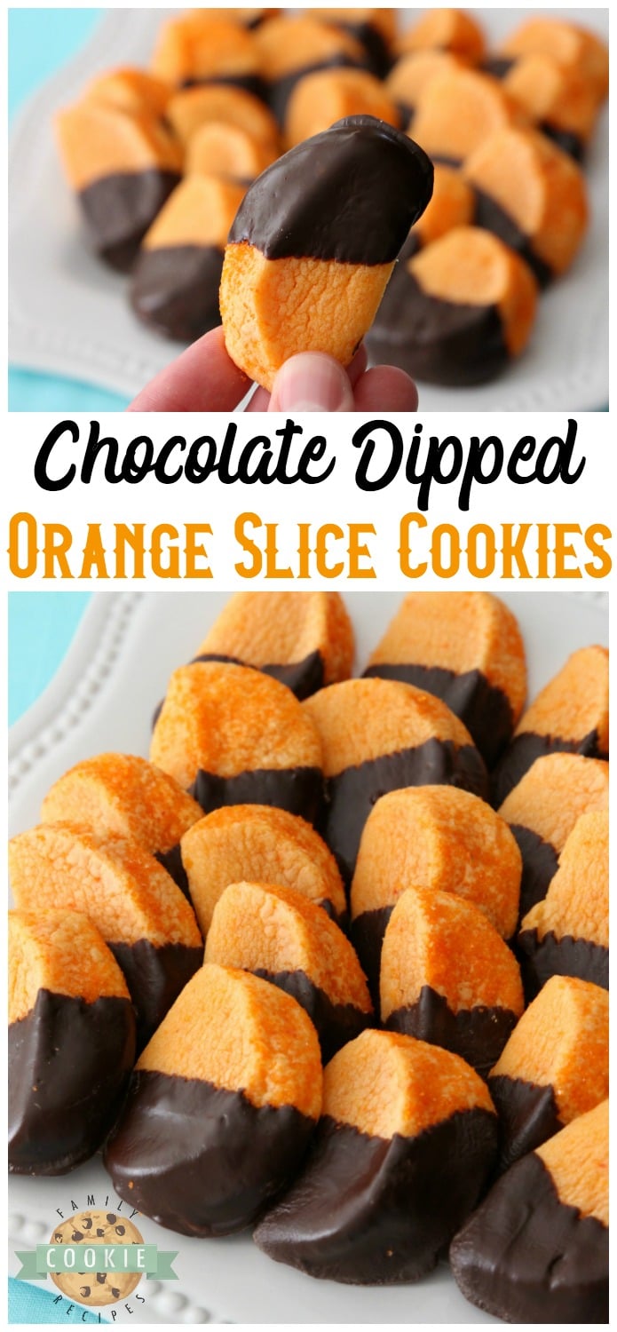 Chocolate Orange Slice Cookies mimic orange slices dipped in chocolate. Bright, tangy citrusy flavor comes from orange Kool-Aid mix baked into the cookies! Perfect cookie recipe for cookie exchanges and during the holidays.  #chocolate #orange #cookies #holidays #cookie #Christmas #orangeslice #fruit Recipe from FAMILY COOKIES RECIPES