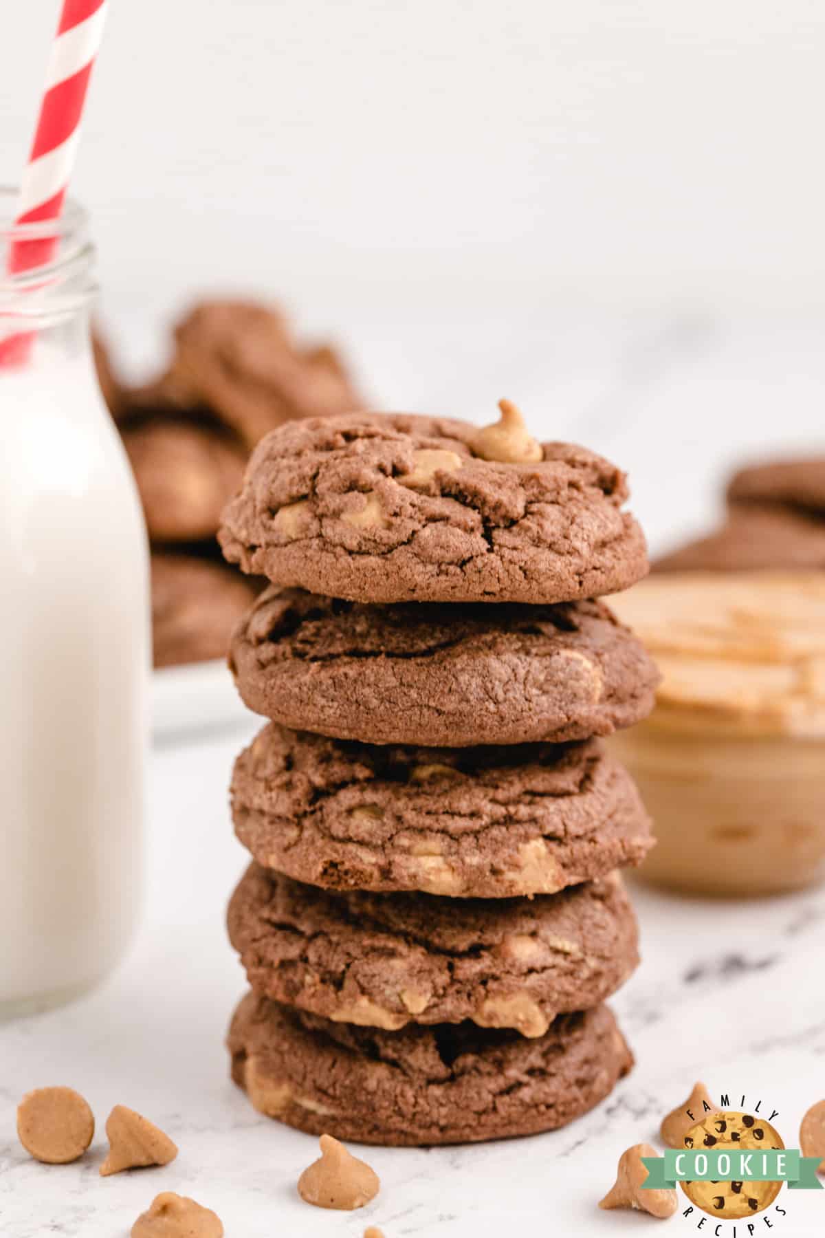Chocolate Peanut Butter Chip Cookies made with chocolate pudding mix for a soft and chewy cookie that is loaded with chocolate flavor and Reese's peanut butter chips.