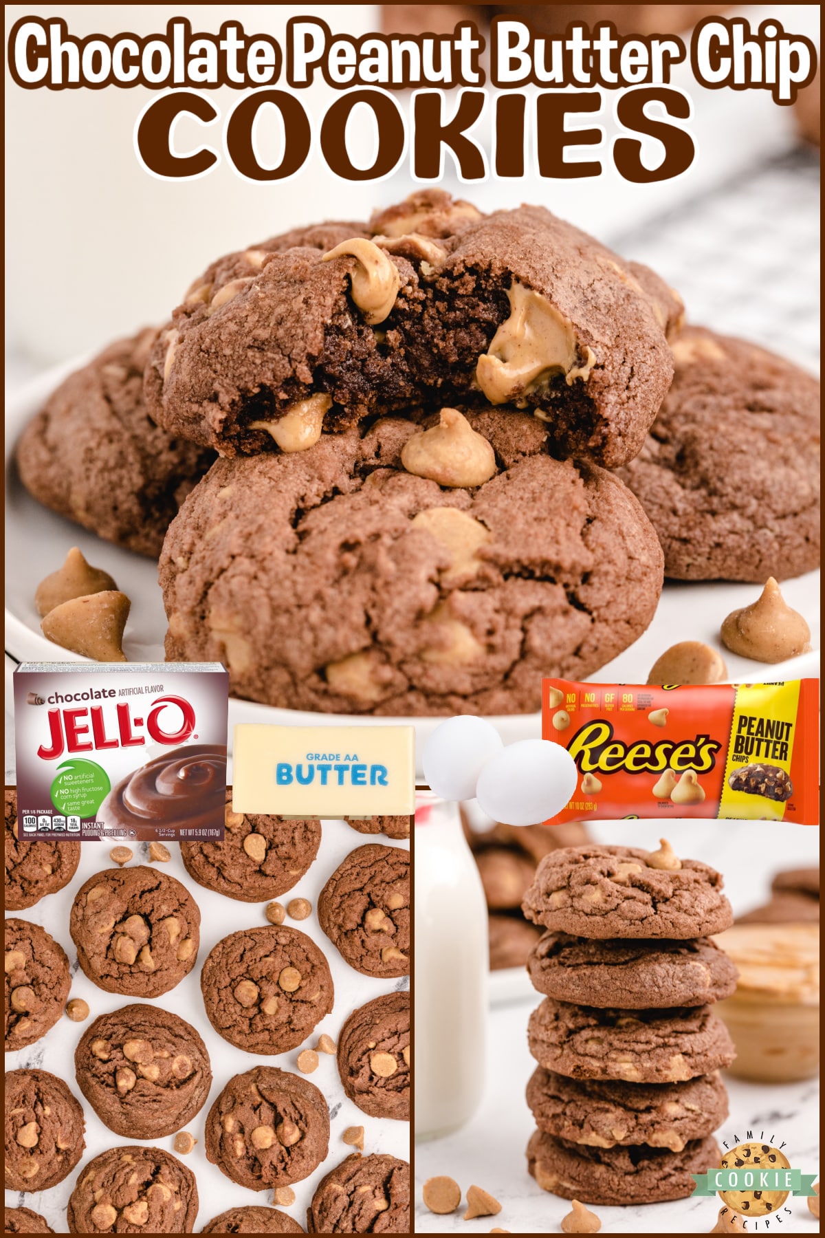 Chocolate Peanut Butter Chip Cookies made with chocolate pudding mix for a soft and chewy cookie that is loaded with chocolate flavor and Reese's peanut butter chips.