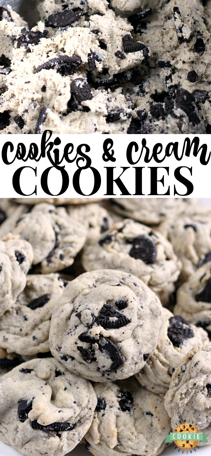 Cookies & Cream Cookies are made with pudding mix and Oreo cookies for a perfectly soft and chewy cookie that is sure to be a favorite! 