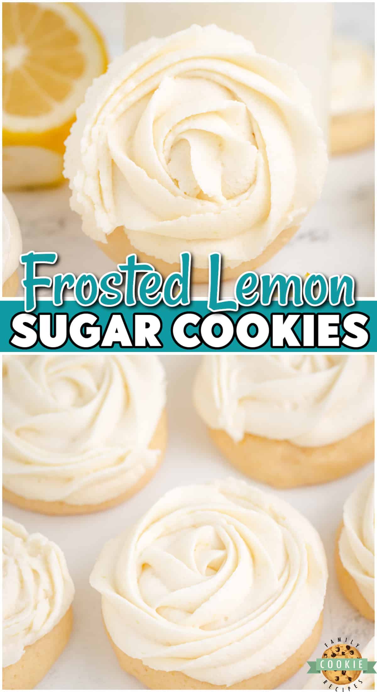 Frosted Lemon Sugar Cookies made by adding fresh lemon juice and zest to a simple sugar cookie dough. Easy Lemon Cookies piped with a super simple rosette, so they taste incredible and they're pretty too!