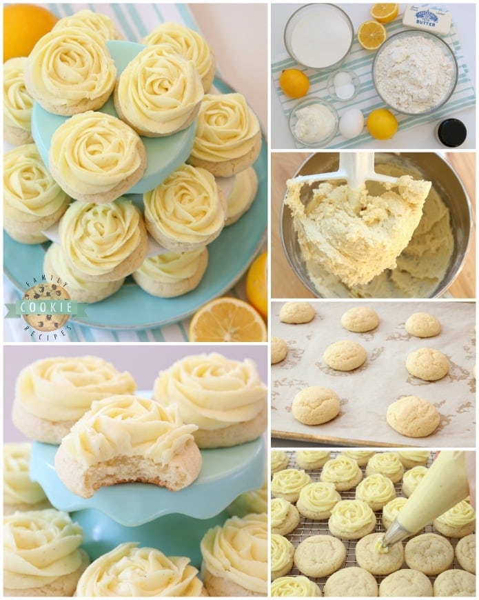 Lemon Sugar Cookies made by adding fresh lemon juice and zest to a simple sugar cookie dough. No rolling out or chilling necessary! Just bake and top with a bright lemon buttercream frosting. Easy Lemon Cookies piped with a super simple rosette so they taste incredible and they're pretty too! My all-time favorite Sugar Cookie recipe!