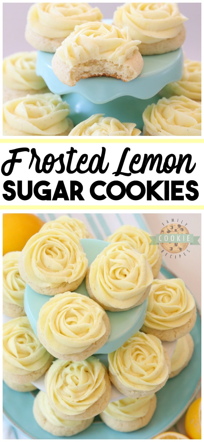 Frosted Lemon Sugar Cookies made by adding fresh lemon juice and zest to a simple sugar cookie dough. No rolling out or chilling necessary! Just bake and top with a bright lemon buttercream frosting. Easy Lemon Cookies piped with a super simple rosette so they taste incredible and they're pretty too! My all-time favorite Sugar Cookie recipe!