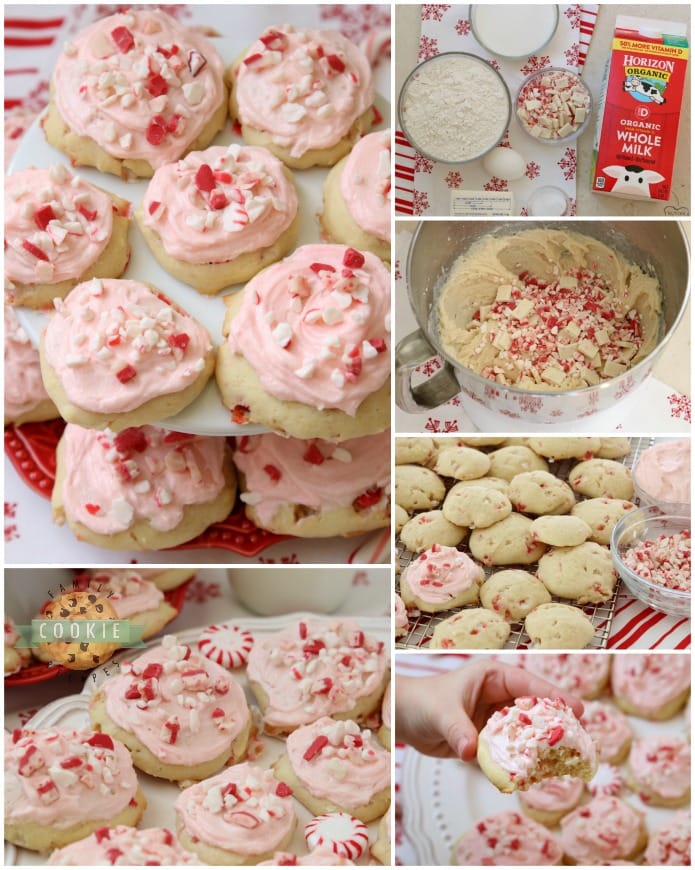 Frosted Peppermint Cookies are soft, pillowy cookies baked with peppermint candy and topped with peppermint vanilla buttercream and candy cane pieces.