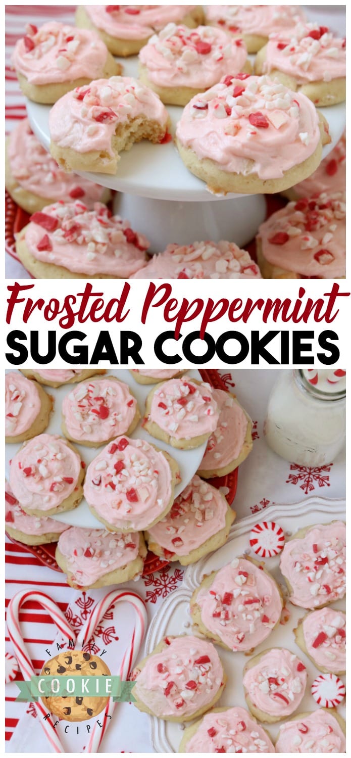 Frosted Peppermint Cookies are soft, pillowy cookies baked with peppermint candy and topped with peppermint vanilla buttercream and candy cane pieces. #peppermint #frosting #cookies #cookie #Christmas #holidays #recipe #cookieexchange #candycanes Recipe from FAMILY COOKIE RECIPES
