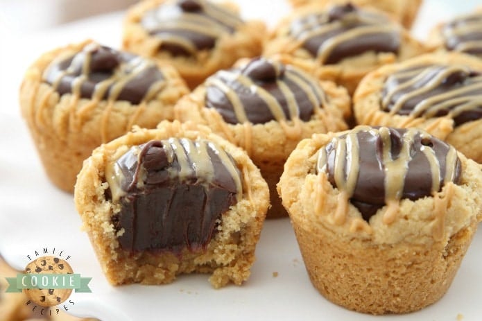 Fudge Peanut Butter Cookie Cups are peanut butter cookies baked in a mini muffin pan and filled with a simple chocolate fudge! Delicious flavor combination in these amazing treats.