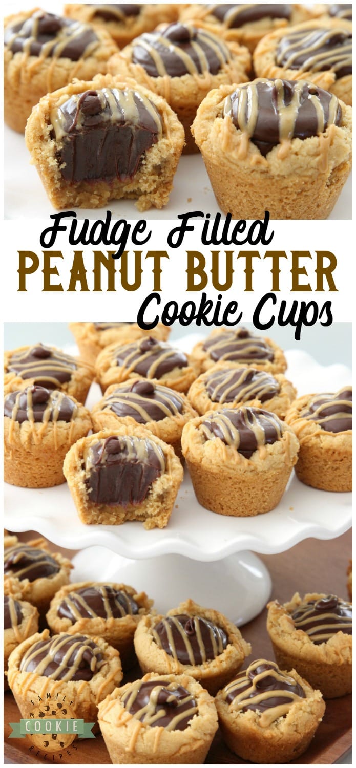 Fudge Peanut Butter Cookie Cups are peanut butter cookies baked in a mini muffin pan and filled with a simple chocolate fudge! Delicious flavor combination in these amazing treats. via @buttergirls