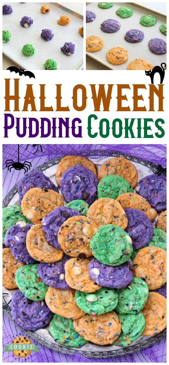 Funfetti Halloween Cookies are tasty & spooky treats made colorful with festive sprinkles baked into each cookie. We added pudding mix for texture and color for FUN! #cookies #funfetti #Halloween #cookie #recipe #dessert #Fall 