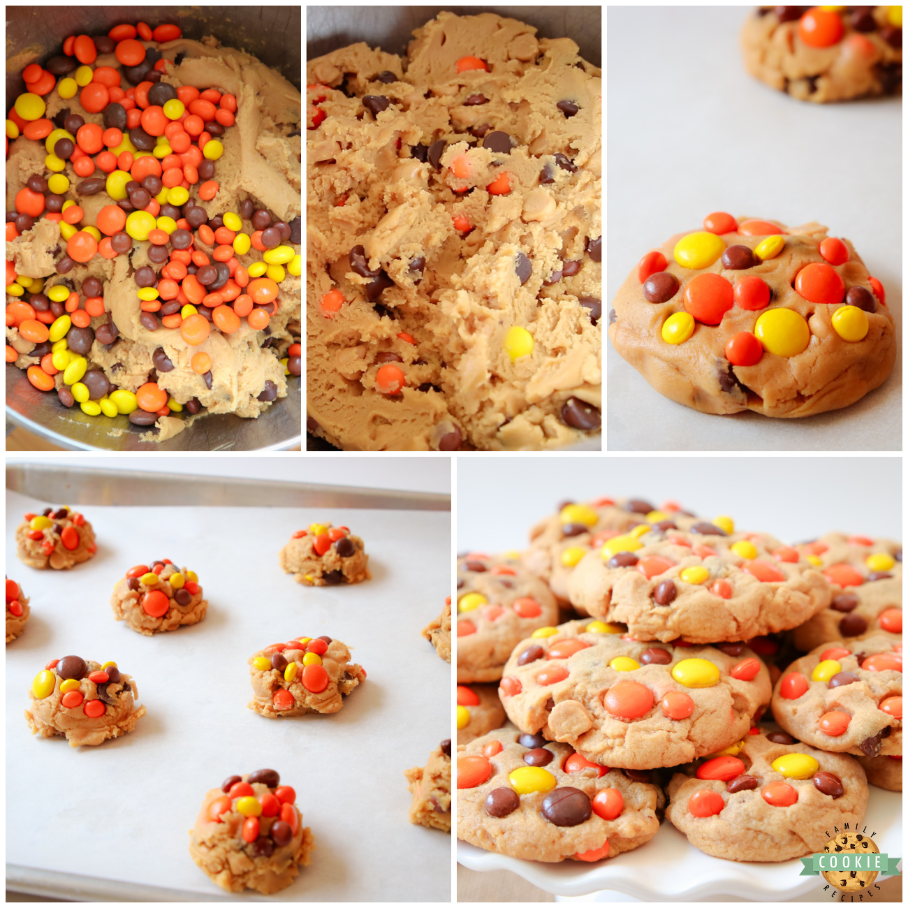 how to make chewy peanut butter cookies with Reese's Pieces candies