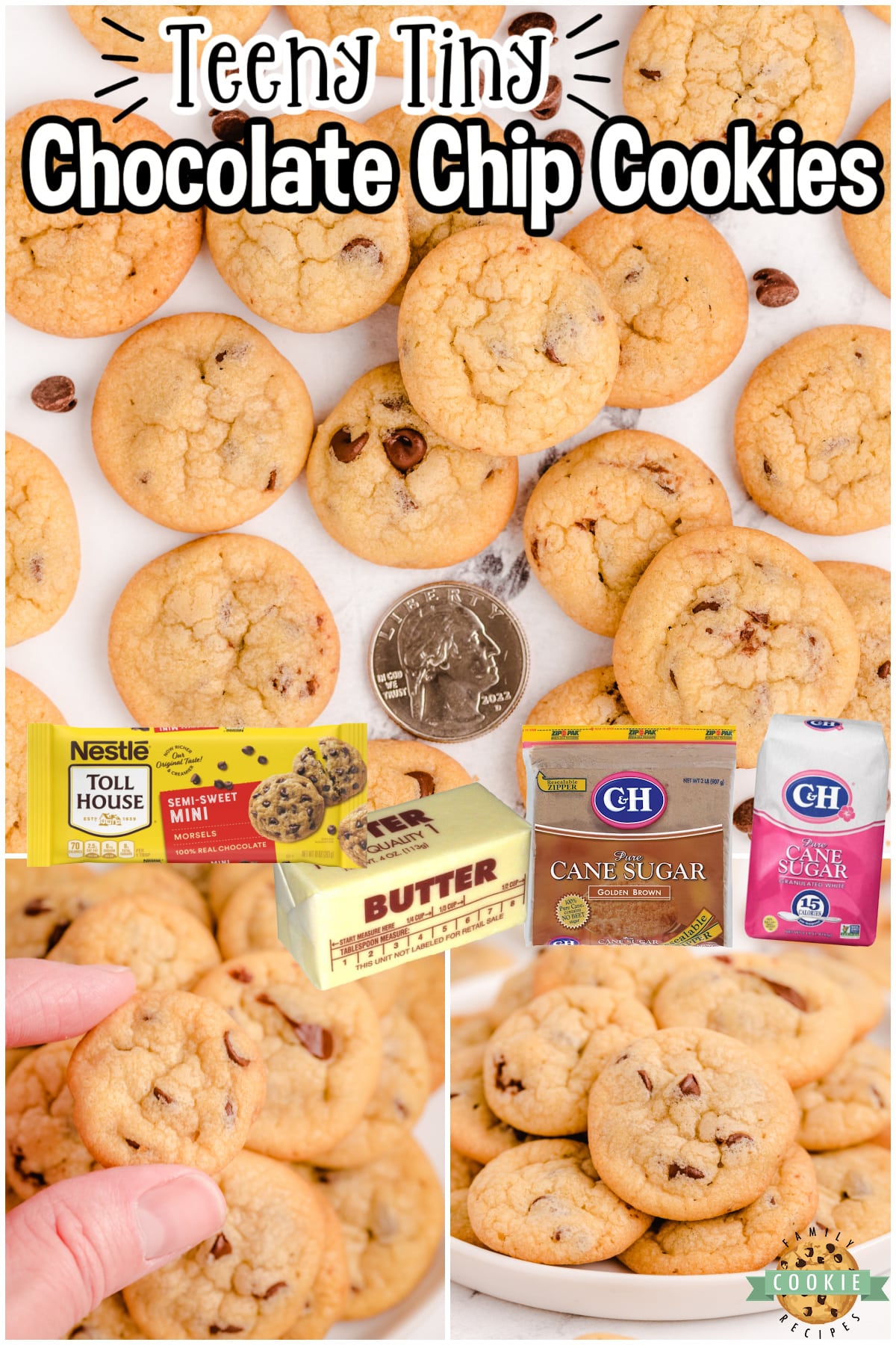 Mini Chocolate Chip Cookies are teeny tiny chocolate chip cookies the size of a quarter! Soft, chewy poppable cookies perfect for parties!