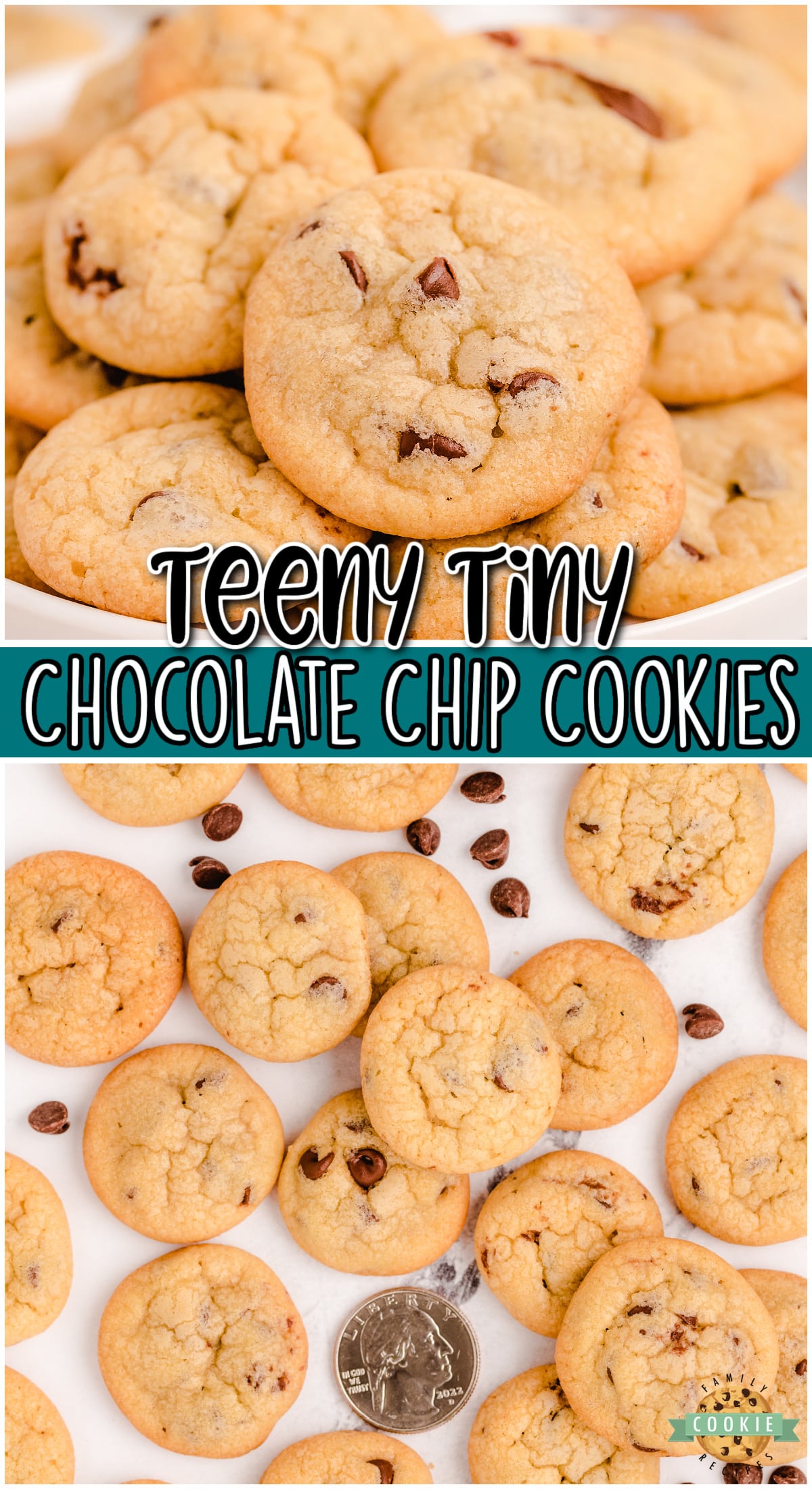 Mini Chocolate Chip Cookies are teeny tiny chocolate chip cookies the size of a quarter! Soft, chewy poppable cookies perfect for parties!