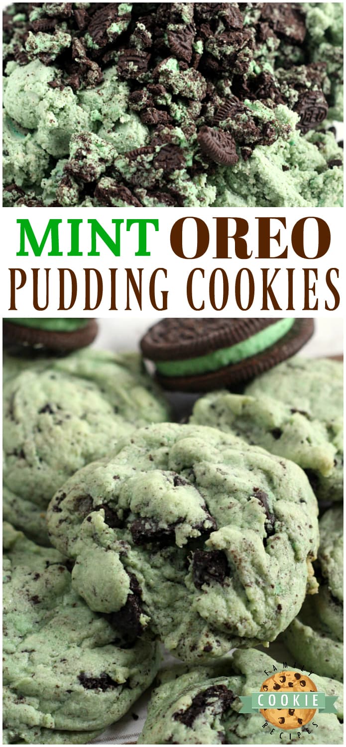 Mint Oreo Pudding Cookies are soft, chewy and full of mint flavor, Oreo pudding mix and crumbled Oreo cookies! The mint and chocolate flavor combination is a winner in these amazing cookies! via @buttergirls