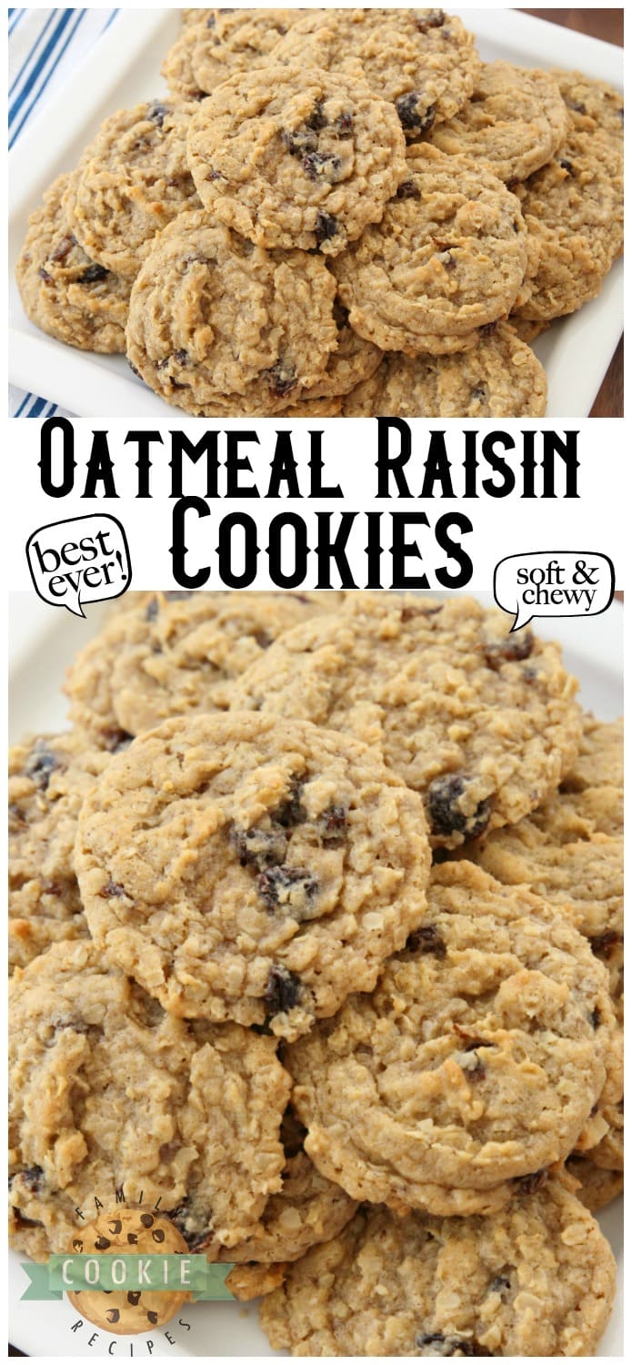 Oatmeal Raisin Cookies that truly are the BEST EVER! Oatmeal, raisins, pudding mix & spices combine in most delicious, soft & chewy Oatmeal Raisin Cookies. via @buttergirls