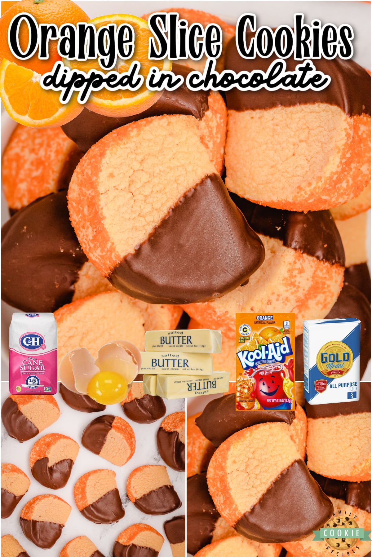 Chocolate Orange Slice Cookies mimic orange slices dipped in chocolate, their bright, tangy citrusy flavor comes from a orange Kool-Aid mix baked into the cookies! These orange slice cookies are a perfect cookie recipe for holiday treat exchanges during the holidays.