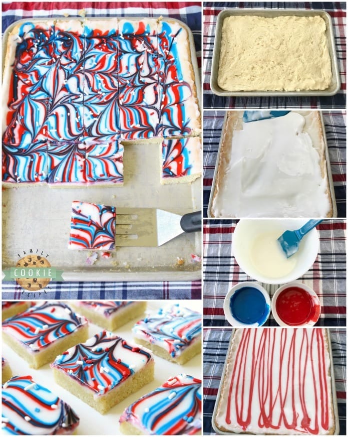 Fun Patriotic Cookie Bars made with swirled red, white & blue icing making them perfectly festive! Easy sugar cookie bar recipe for 4th of July & Memorial Day.