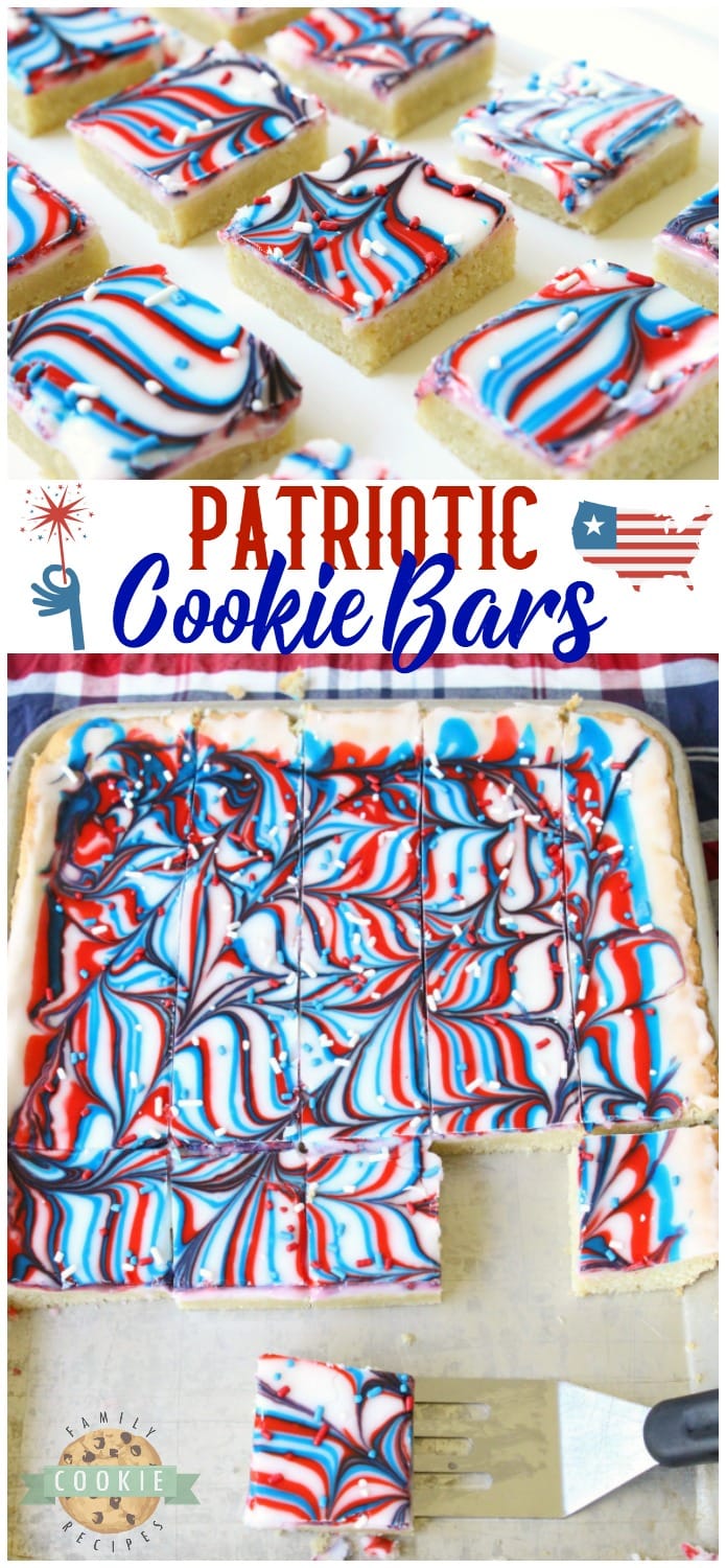 Fun Patriotic Cookie Bars made with swirled red, white & blue icing making them perfectly festive! Easy sugar cookie bar recipe for 4th of July & Memorial Day. #Patriotic #4thofJuly #MemorialDay #redwhiteandblue #cookies #frosting #swirl #dessert