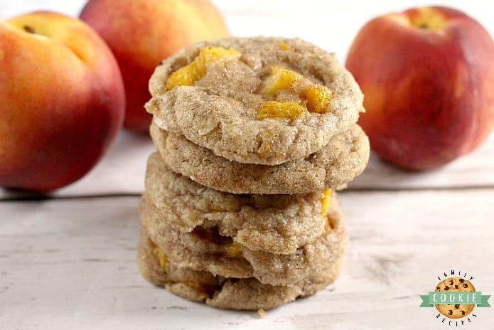Peach Snickerdoodles are soft, chewy, delicious and the addition of fresh peaches takes your favorite cinnamon sugar cookie up a couple notches!