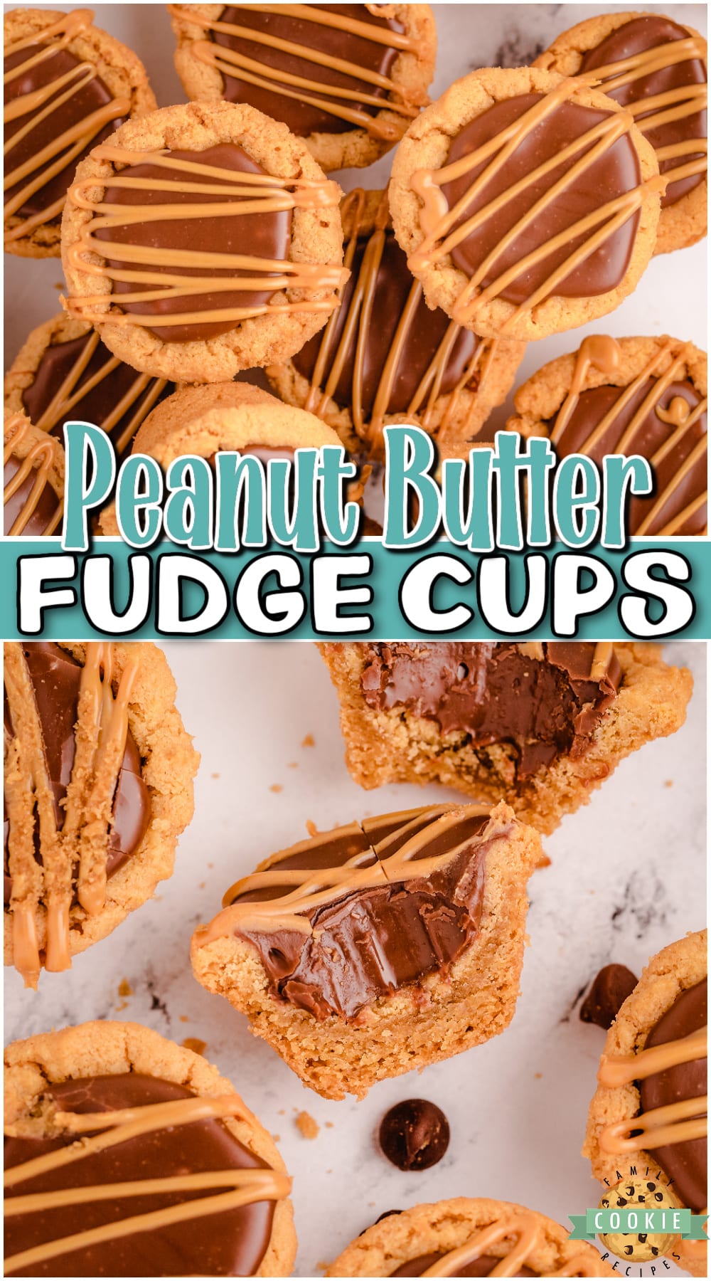 Fudge Peanut Butter Cookie Cups are peanut butter cookies baked in a mini muffin pan & filled with a simple chocolate fudge! Delicious flavor combination in these amazing fudge cookies.