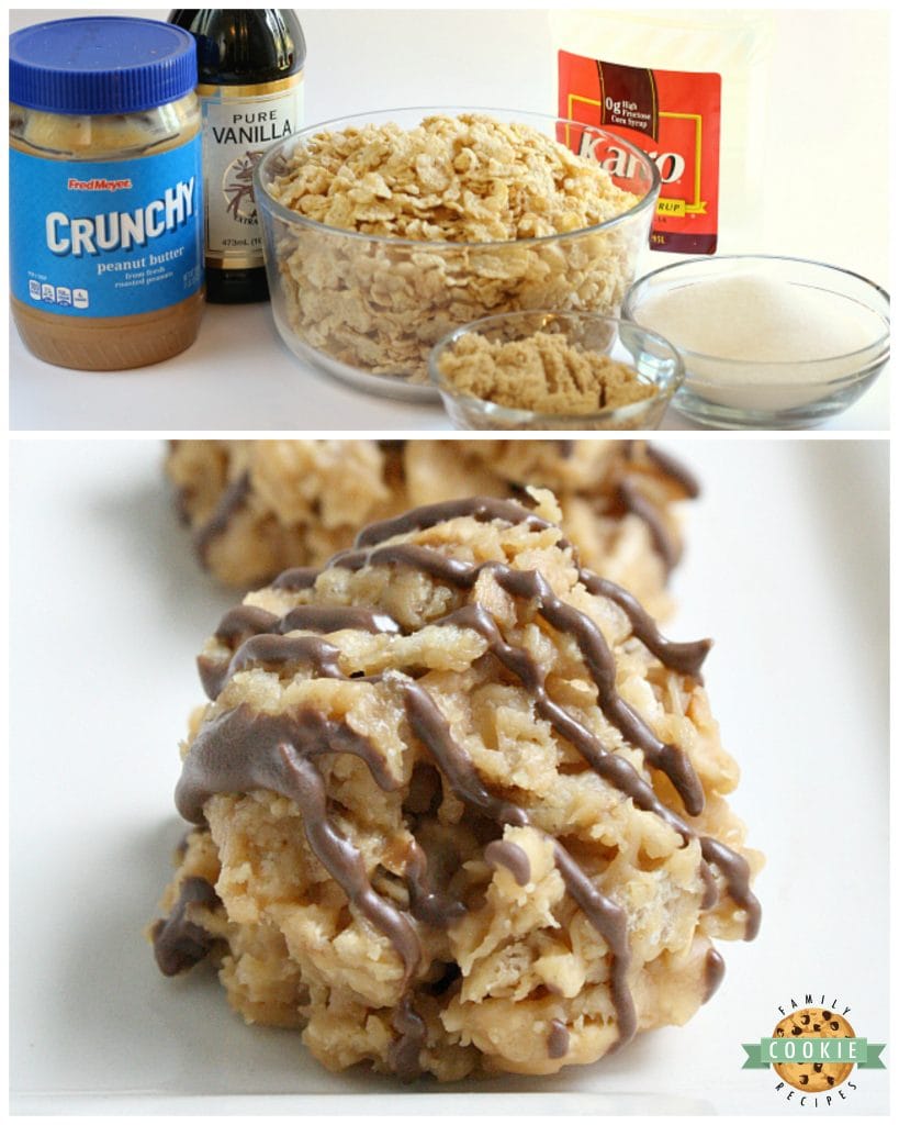 Ingredients and step-by-step instructions on making Peanut Butter No-Bake Cookies.