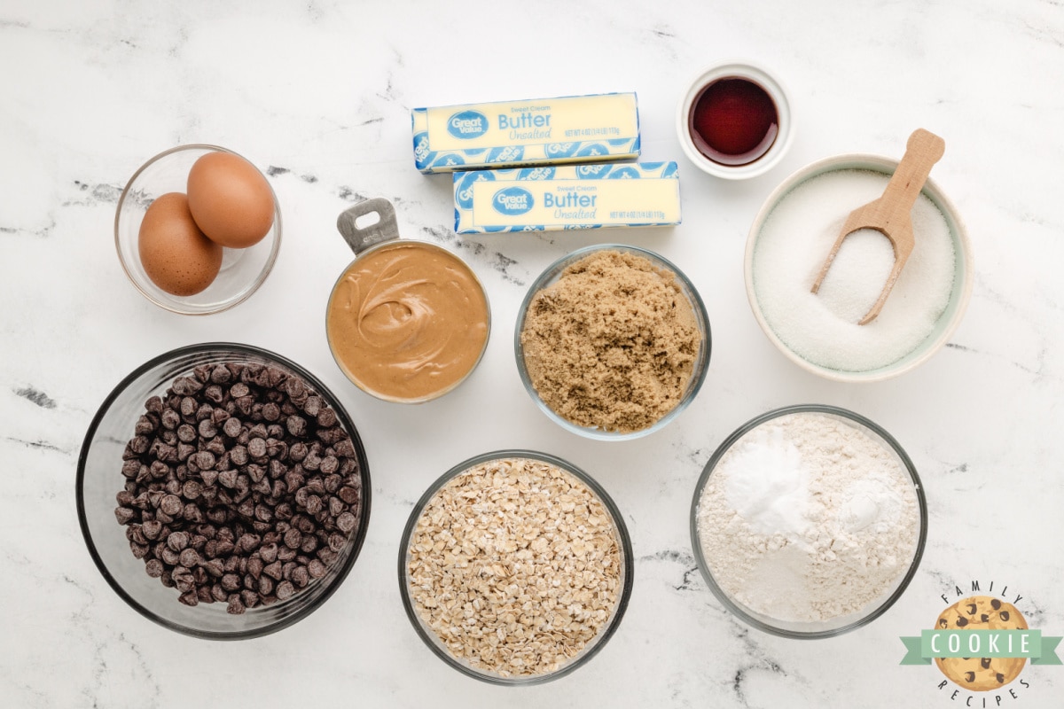 Ingredients in Peanut Butter Oatmeal Chocolate Chip Cookies. 
