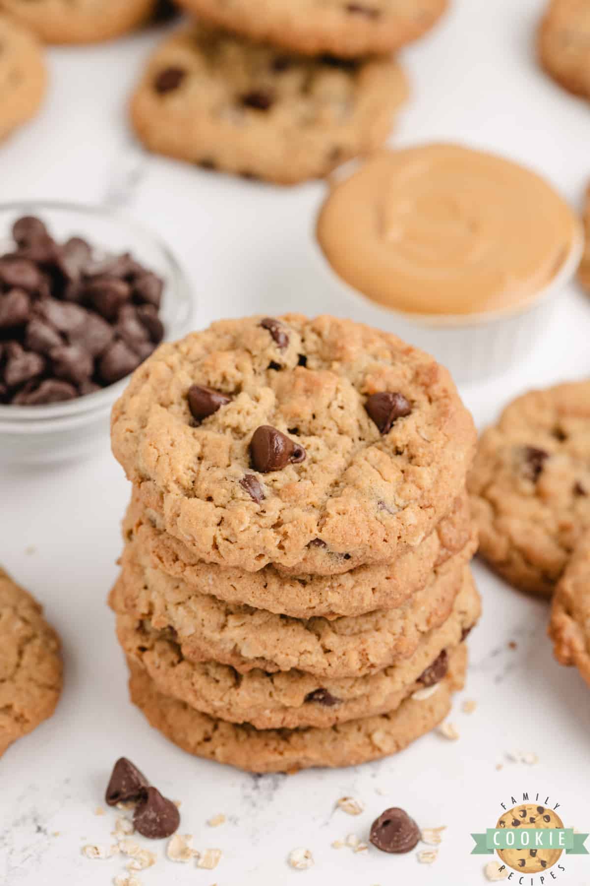 Stack of peanut butter cookies made with oats and chocolate chips. 
