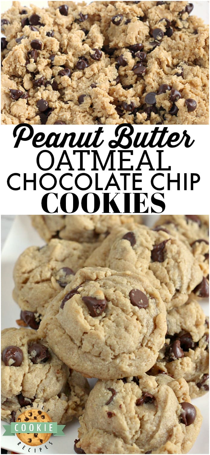 Peanut Butter Oatmeal Chocolate Chip Cookies are all three of my favorite cookie recipes put together! These thick, chewy cookies are the perfect recipe when you just can't decide what kind of cookie you want to bake!