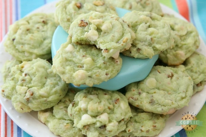 Pistachio Pudding Cookies are made by adding pistachio pudding mix to a buttery, homemade cookie dough and then adding white chocolate chips and plenty of chopped pistachios! Soft, sweet pistachio flavored pudding cookies with amazing flavor and texture.