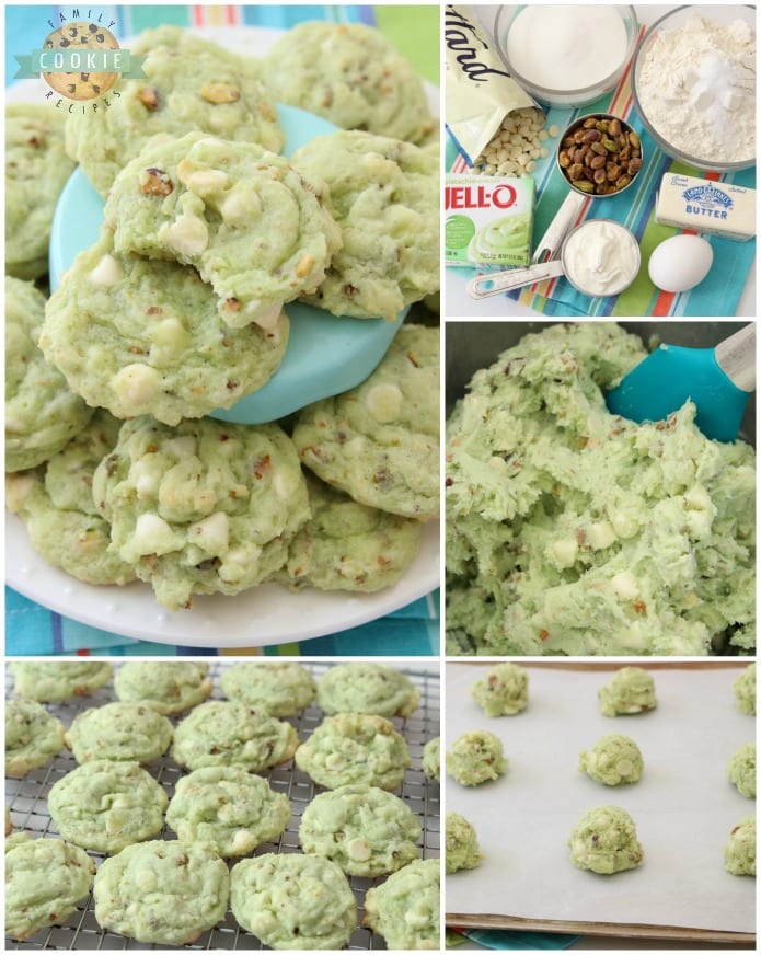 Pistachio Pudding Cookies are made by adding pistachio pudding mix to a buttery, homemade cookie dough and then adding white chocolate chips and plenty of chopped pistachios! Soft, sweet pistachio flavored pudding cookies with amazing flavor and texture.