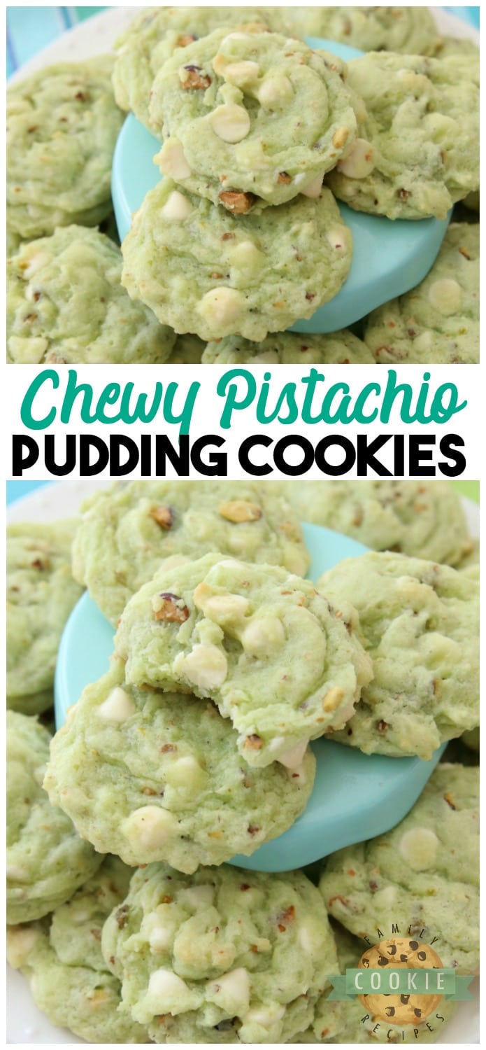 Pistachio Pudding Cookies are made by adding pistachio pudding mix to a buttery, homemade cookie dough and then adding white chocolate chips and plenty of chopped pistachios! Soft, sweet pistachio flavored pudding cookies with amazing flavor and texture. via @buttergirls