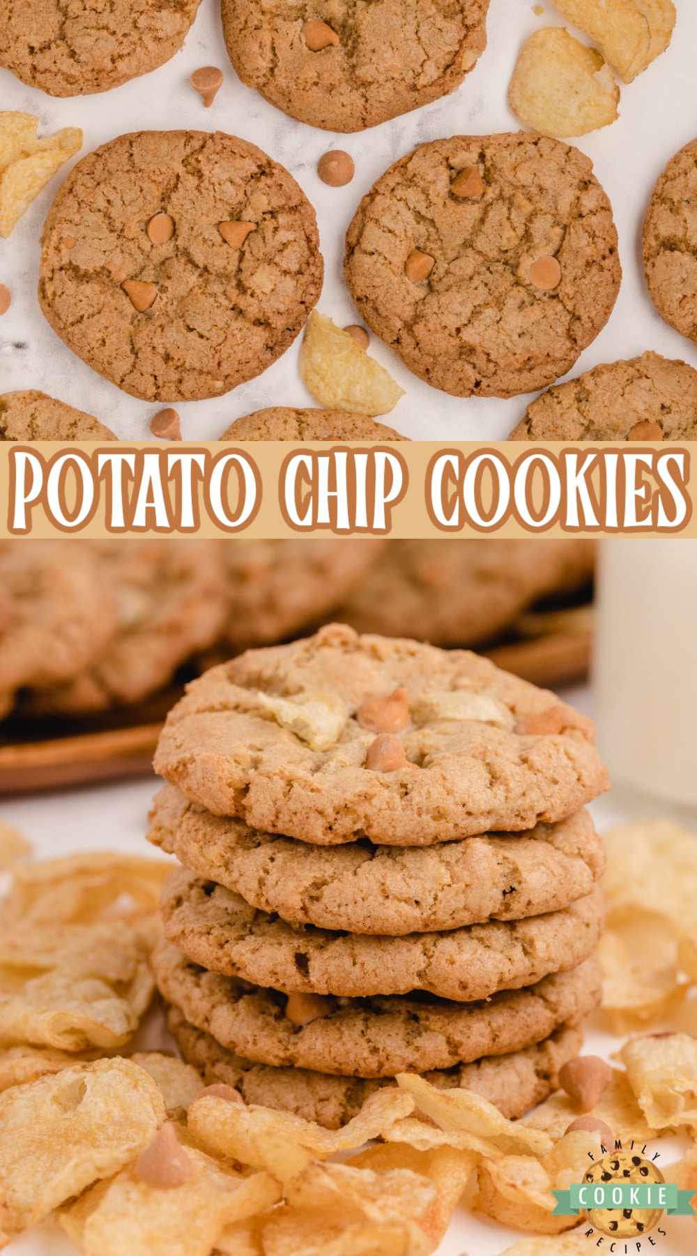Potato Chip Cookies are the perfect combination of salty & sweet! Unique cookies made with butterscotch chips, potato chips, butter & brown sugar for incredible flavor!