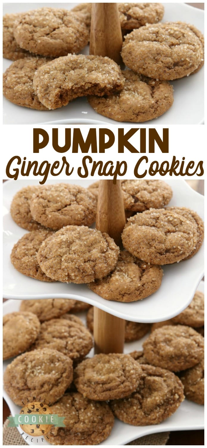 Soft Pumpkin Gingersnap Cookies are soft, perfectly spiced gingersnap cookies made with pumpkin! Classic cookie recipe with a twist perfect for holiday baking. #pumpkin #gingersnap #cookies #holidays #Christmas #Thanksgiving #cookie #holiday #baking Recipe from FAMILY COOKIE RECIPES