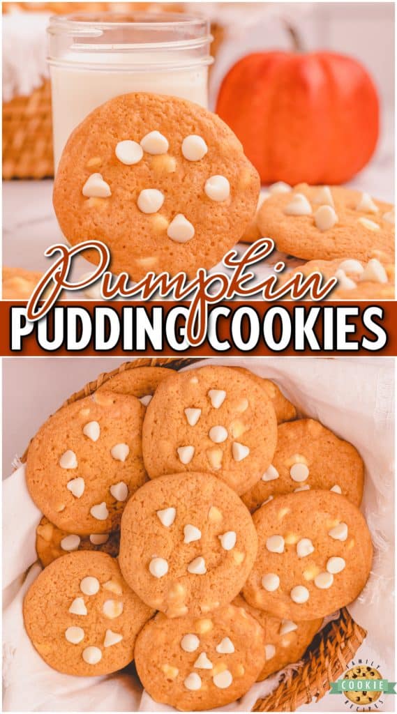 Pumpkin Pudding Cookies are packed with incredible spiced pumpkin flavor! These pumpkin white chocolate chip cookies are soft & chewy thanks to the pudding mix!