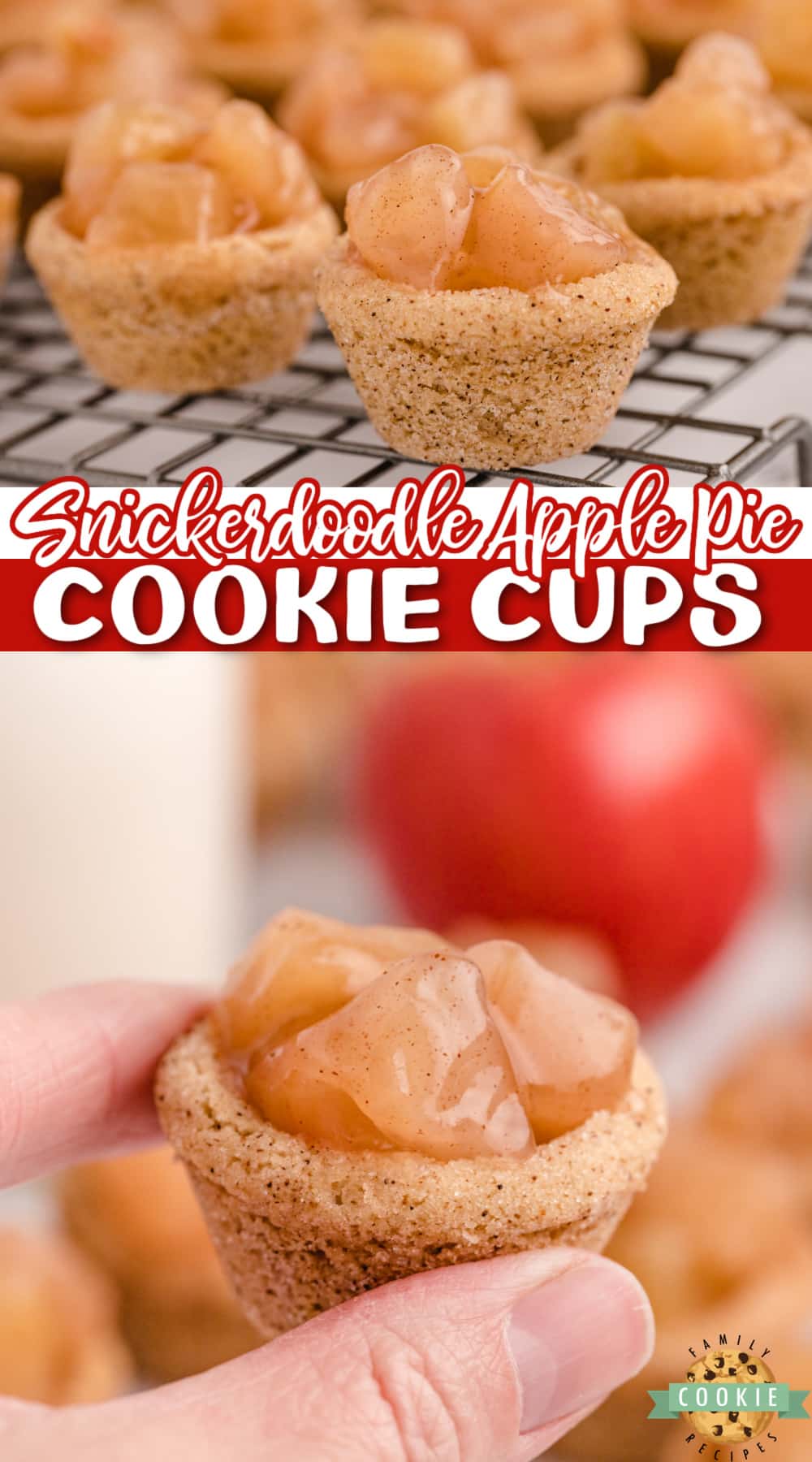 Snickerdoodle Apple Pie Cookie Cups combine two favorite desserts in a bite sized treat that is full of cinnamon and apple pie filling!