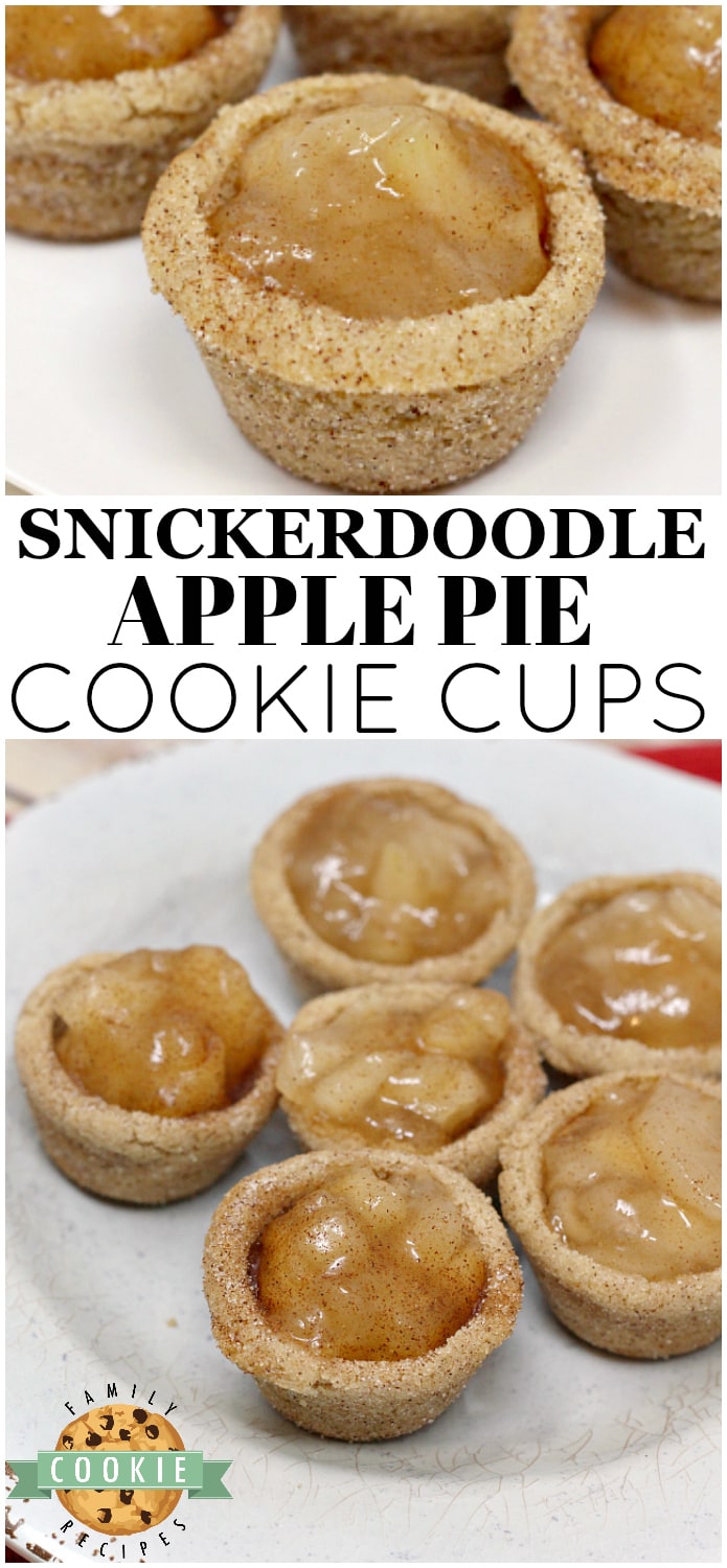 Snickerdoodle Apple Pie Cookie Cups combine two favorite desserts in a bite sized treat that is full of cinnamon and apple pie filling!