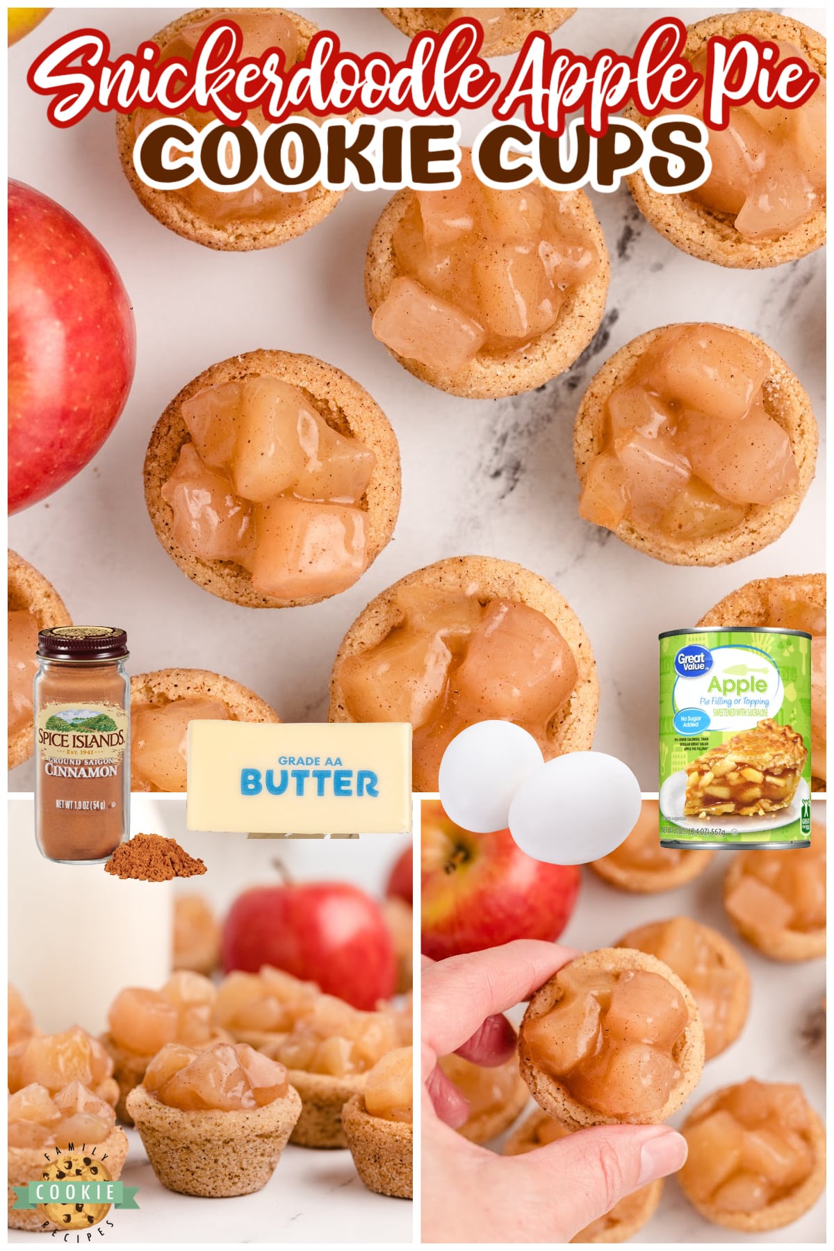 Snickerdoodle Apple Pie Cookie Cups combine two favorite desserts in a bite sized treat that is full of cinnamon and apple pie filling!