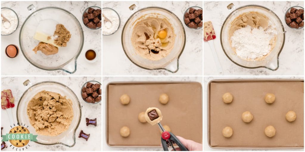 Step by step instructions on how to make Snickers Peanut Butter Cookies