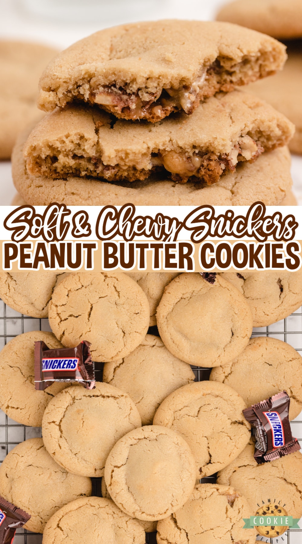 Snickers Peanut Butter Cookies start with an incredible soft and delicious peanut butter cookie recipe, and add a Snickers surprise in the middle!