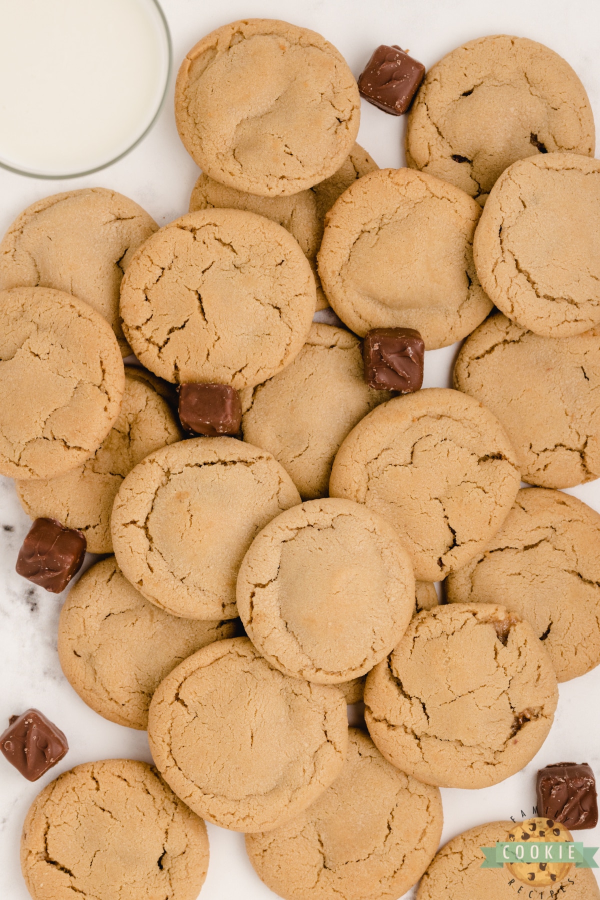 Peanut Butter cookies with a Snickers in the middle