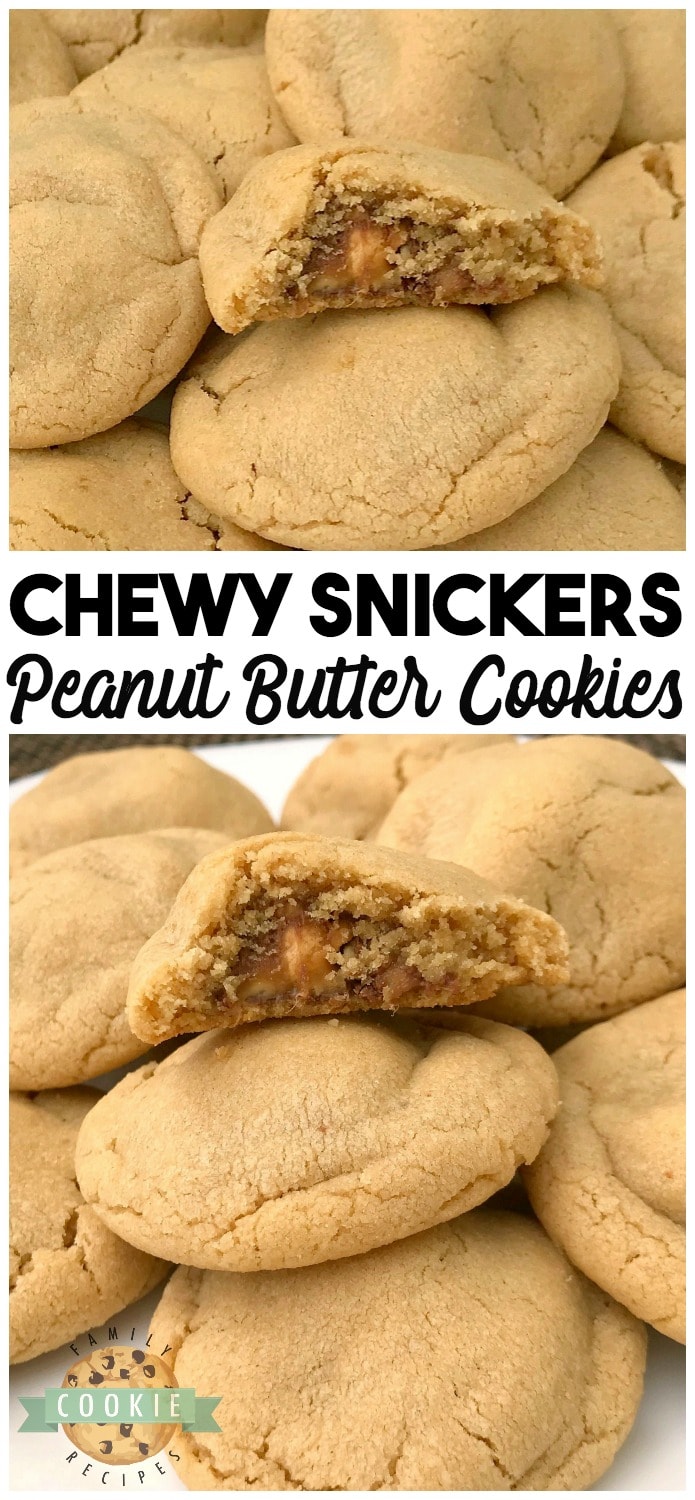 Snickers Peanut Butter Cookies take an already incredible soft and delicious peanut butter cookie recipe, and add a Snickers surprise in the middle! #Snickers #PeanutButter #Cookies #Baking #Dessert #food