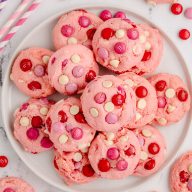 plate of strawberry cake mix cookies with Valentines M&M candies