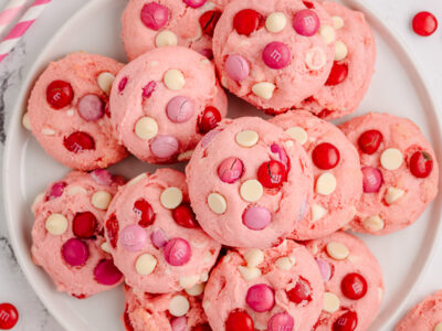 plate of strawberry cake mix cookies with Valentines M&M candies